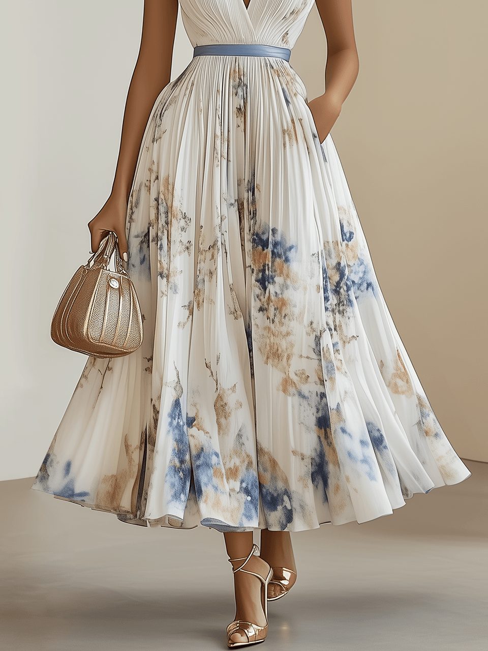 Chloe | Grembiule midi plissettato in chiffon floreale bianco con scollatura a V