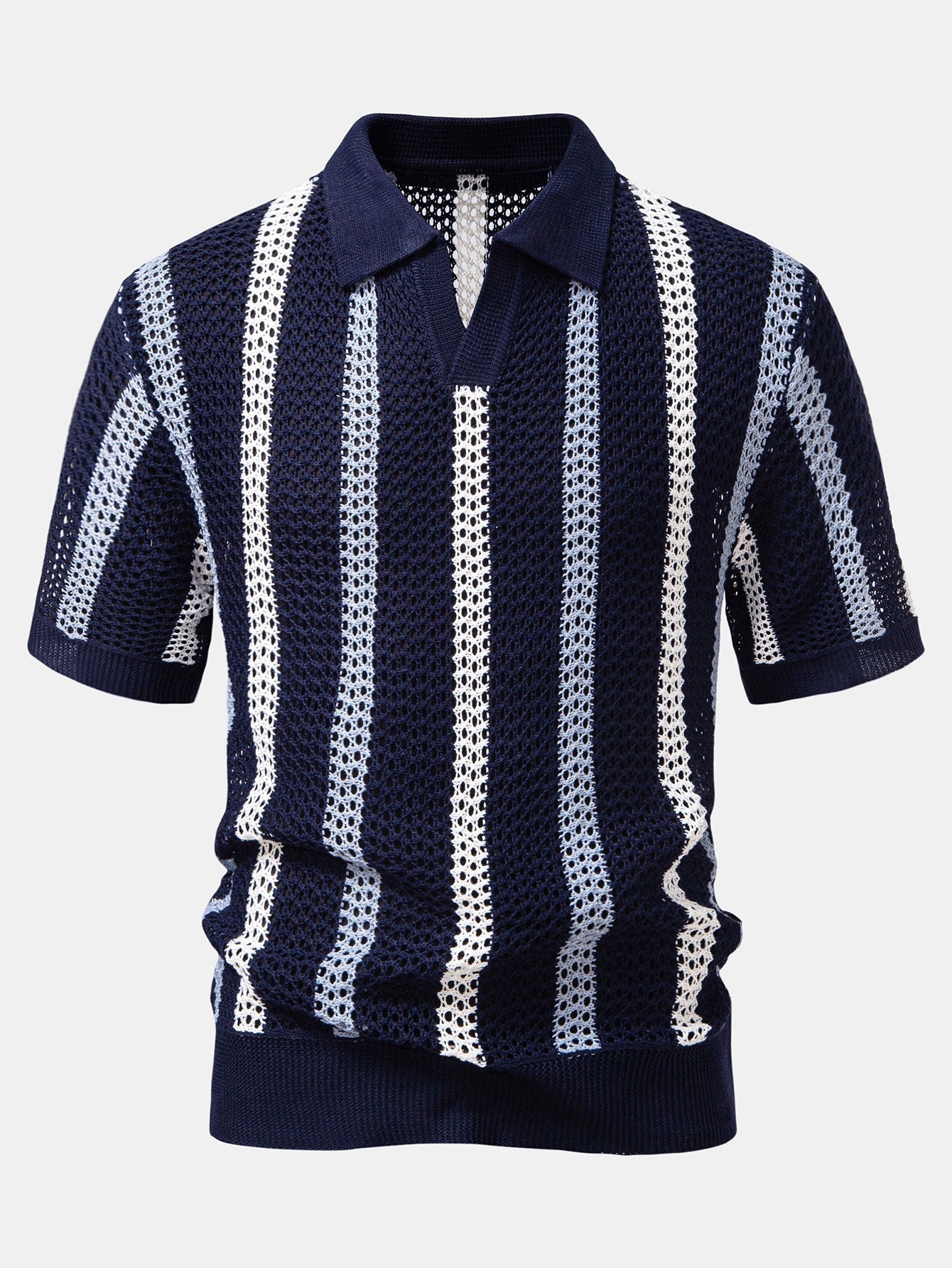 Gestreepte gehaakte V-hals Polo & linnen broek met rechte pijpen
