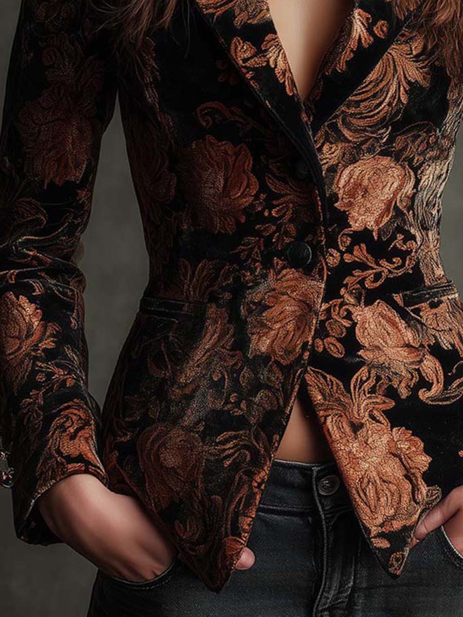 Bertilla | Blazer Tailleur Stampa Floreale Nero e Bronzo