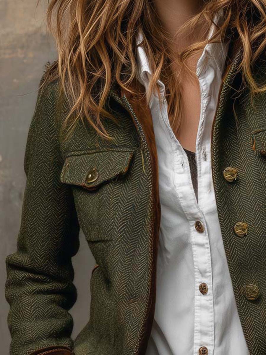Onorina | Blazer Vintage a Chevron con Bordi a Contrasto