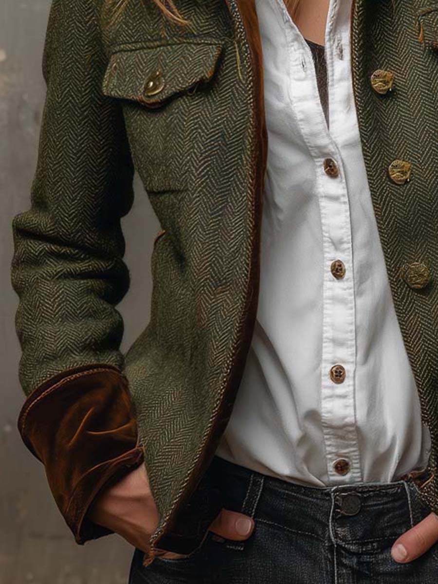 Onorina | Blazer Vintage a Chevron con Bordi a Contrasto