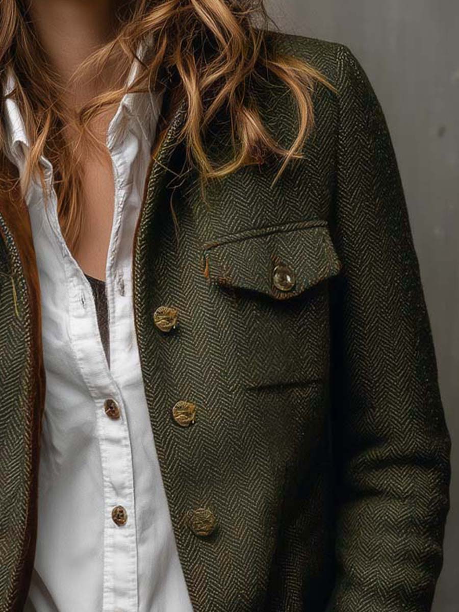 Onorina | Blazer Vintage a Chevron con Bordi a Contrasto