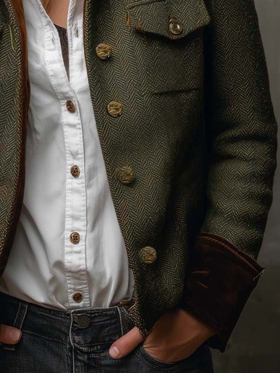 Onorina | Blazer Vintage a Chevron con Bordi a Contrasto