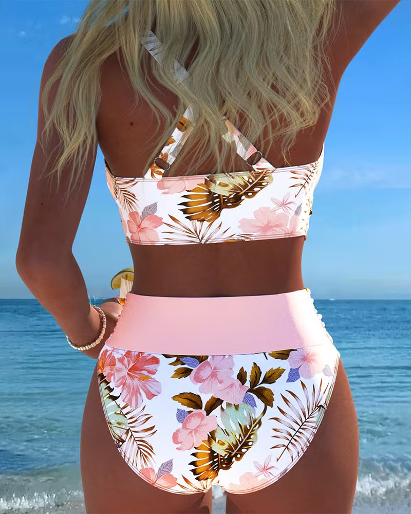 Bikini con stampa floreale a contrasto in spacco