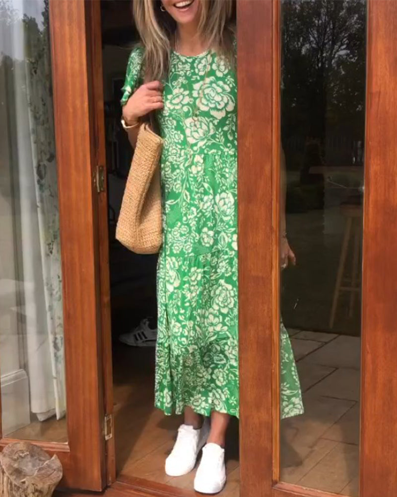 Sophie | Lange Jurk met Korte Mouwen en Bloemenprint