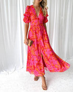 Roos | Elegante V-hals Maxi jurk met pofmouwen