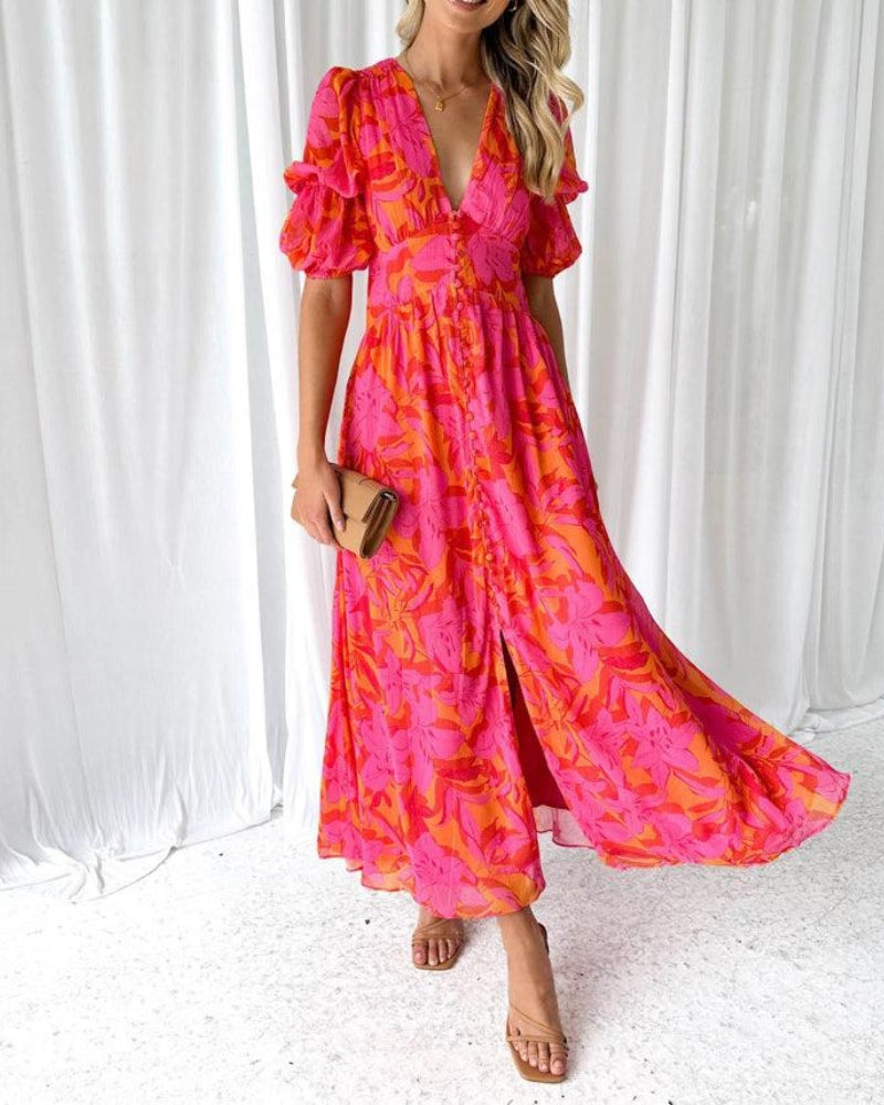 Roos | Elegante V-hals Maxi jurk met pofmouwen