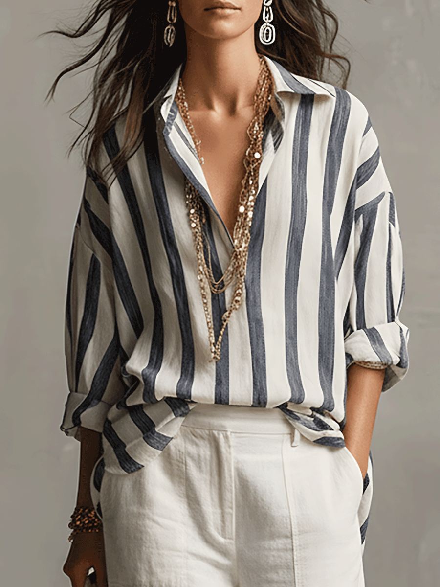 Daniela | Camicia Casual a Righe in Cotone e Lino a Maniche Lunghe