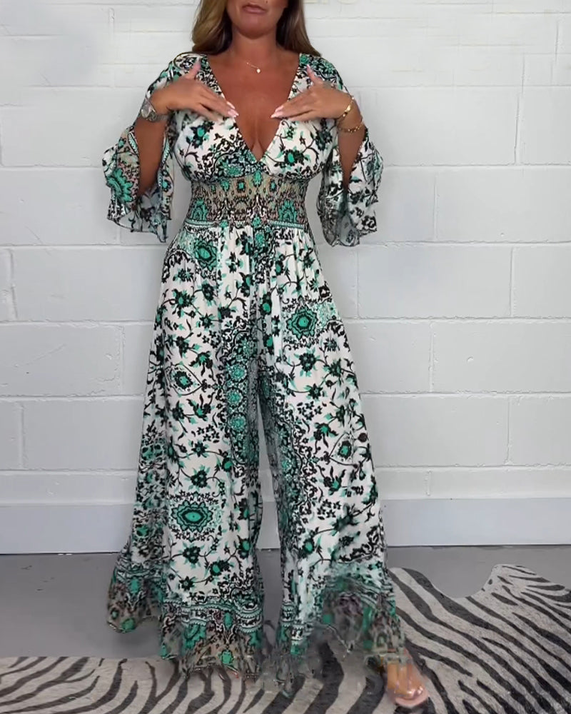 Sophie | Bedrukte Jumpsuit met Diepe V-Halslijn