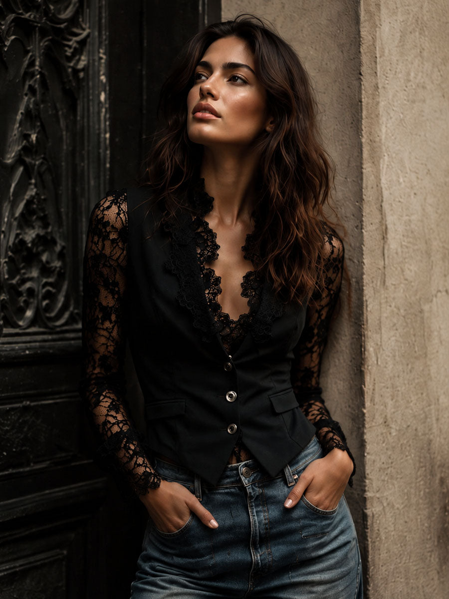 Naomi | Top Blazer Nero a Maniche Semi-Trasparenti