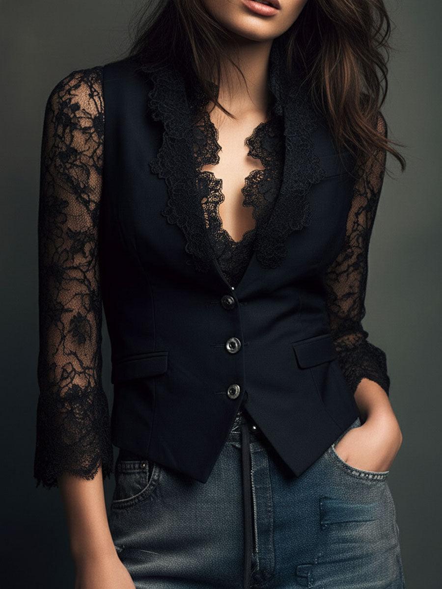 Naomi | Top Blazer Nero a Maniche Semi-Trasparenti