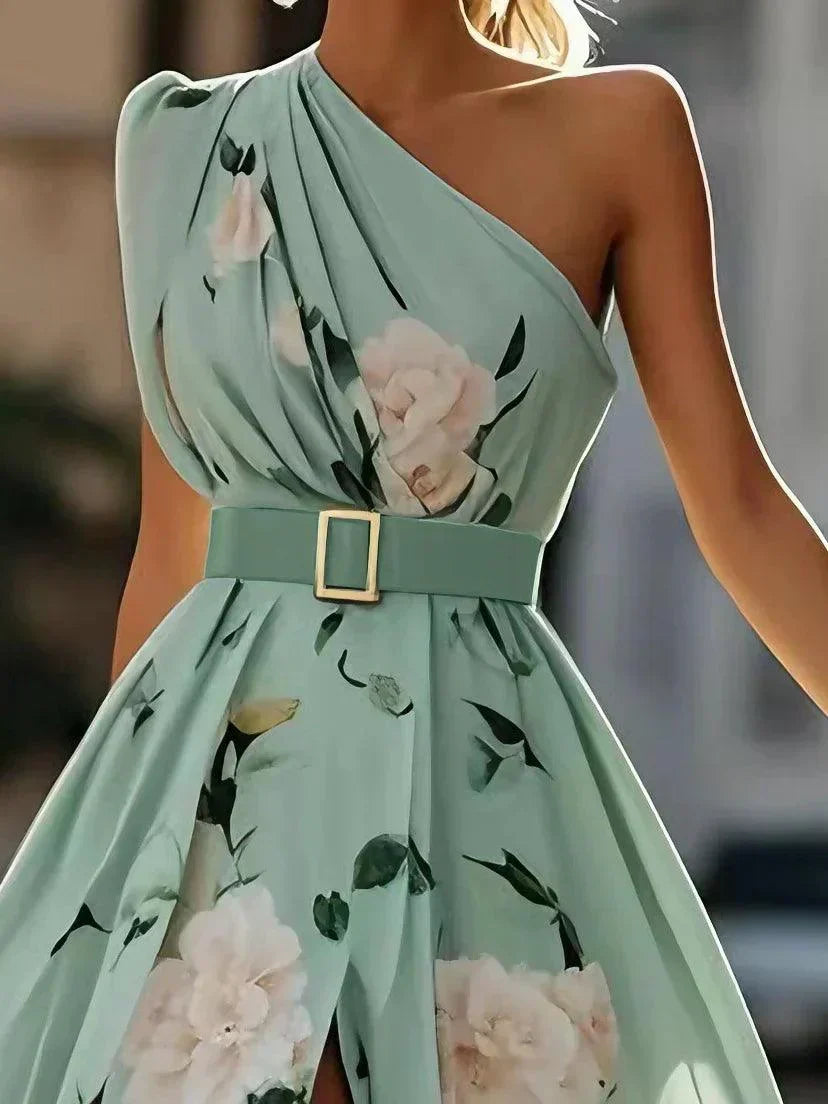 Giulia | Abito Maxi Chiffon Floreale a Spalle Scoperte Verde Chiaro