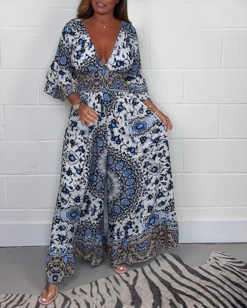 Sophie | Bedrukte Jumpsuit met Diepe V-Halslijn