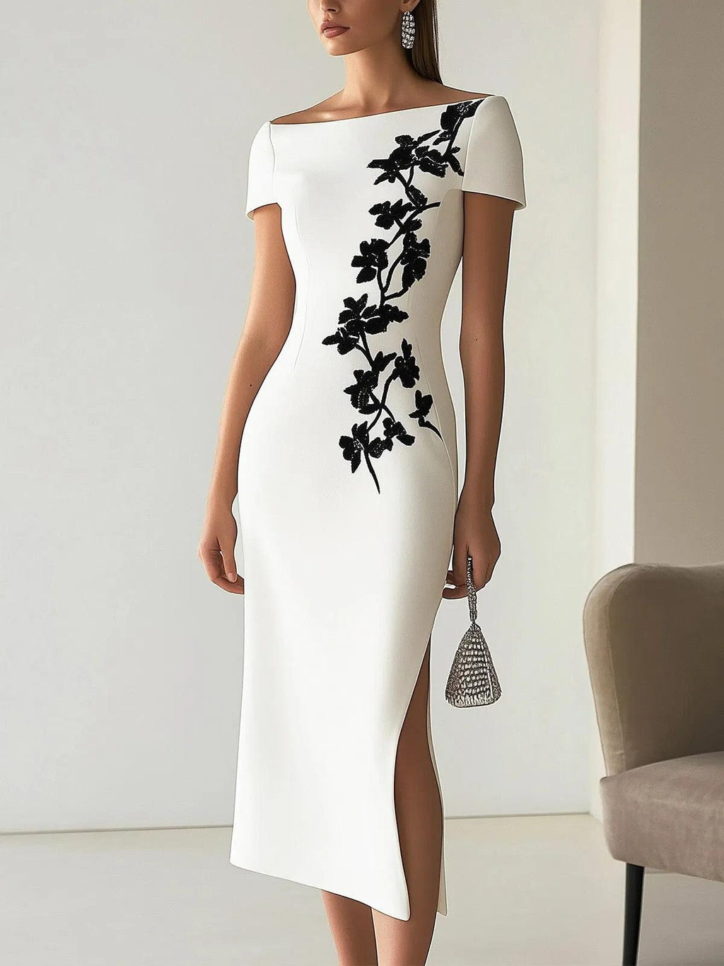 Audrey | Abito Midi a Stampa Floreale Chic con Collo Barchetta