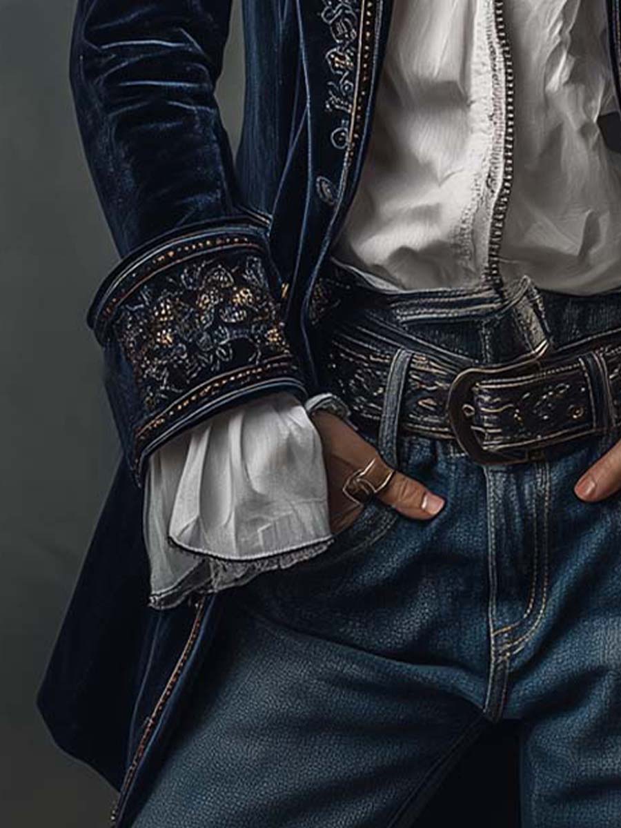 Anastasia | Giacca Lunga Ricamata Vintage Blu Navy