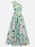 Giulia | Abito Maxi Chiffon Floreale a Spalle Scoperte Verde Chiaro