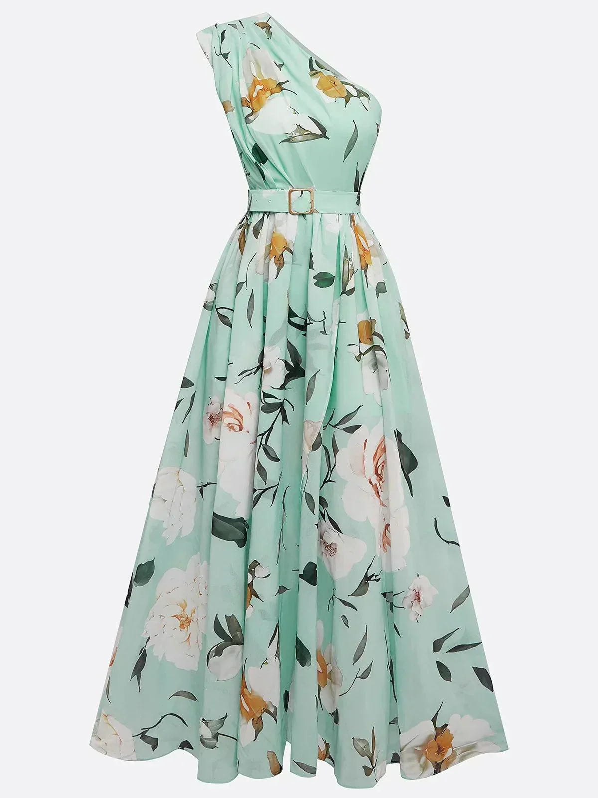 Giulia | Abito Maxi Chiffon Floreale a Spalle Scoperte Verde Chiaro