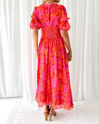Roos | Elegante V-hals Maxi jurk met pofmouwen