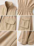Nicoletta | Tuta cargo utility senza maniche in cotone beige con zip frontale