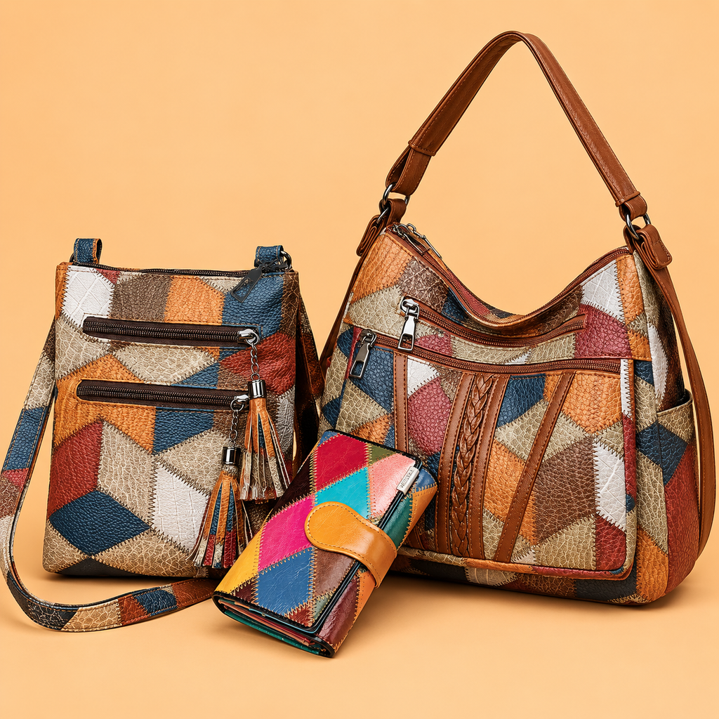Set Borsa Vintage Patchwork in Pelle a 3 Pezzi