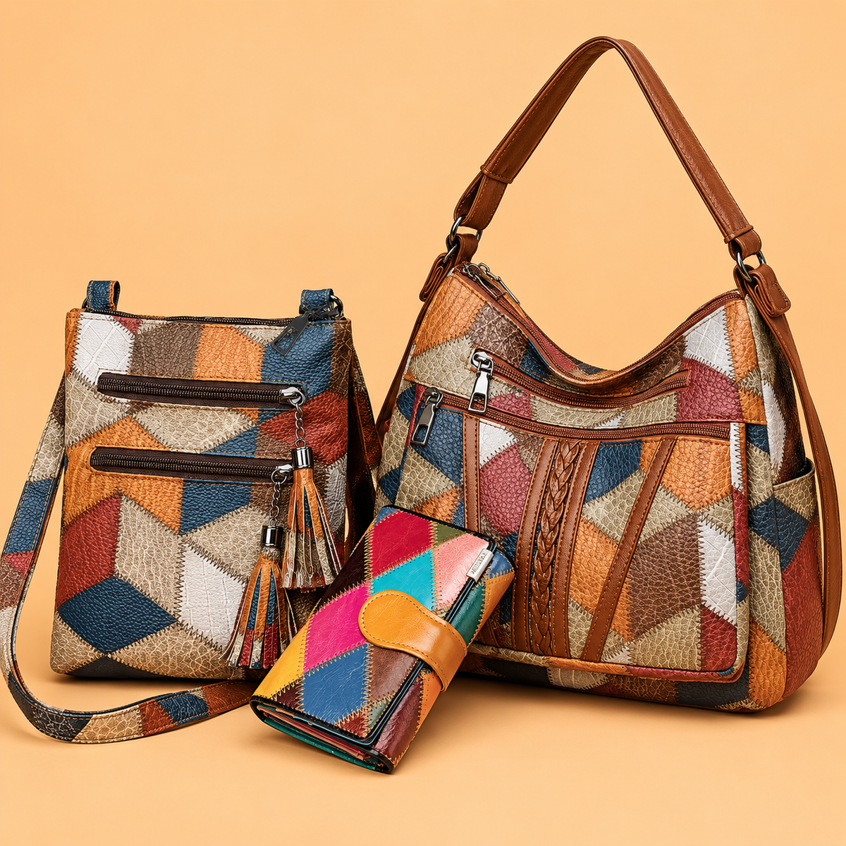 Set Borsa Vintage Patchwork in Pelle a 3 Pezzi