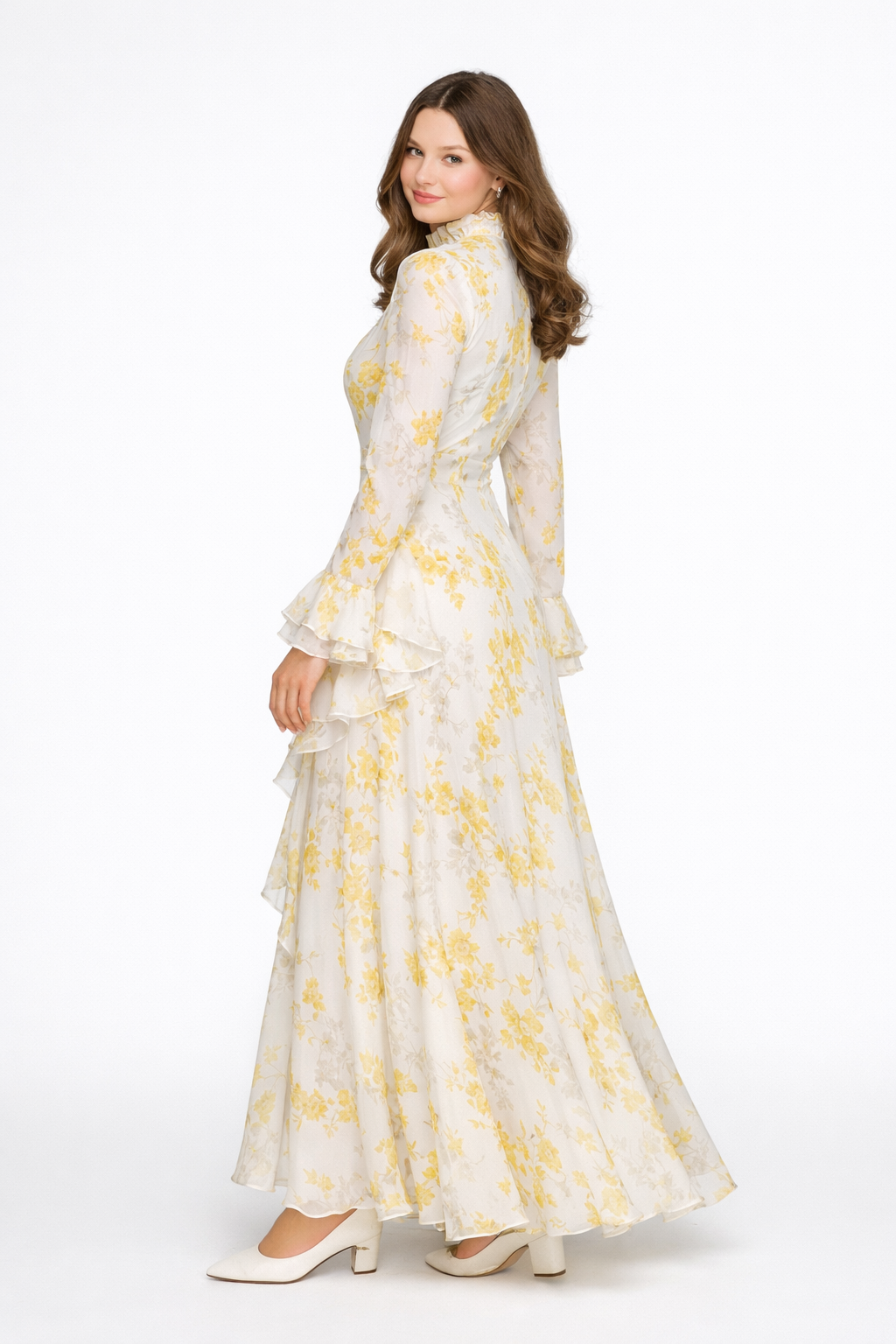Marijke | Beige asimmetrico Maxi Jurk con stampa