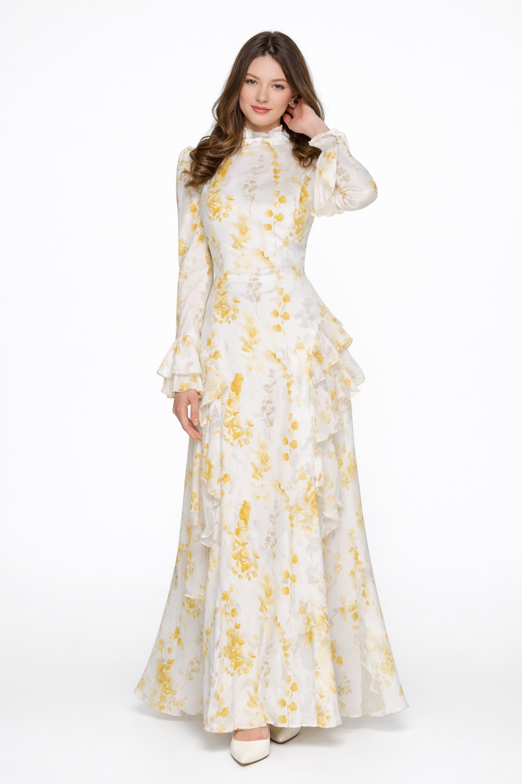 Marijke | Beige asimmetrico Maxi Jurk con stampa