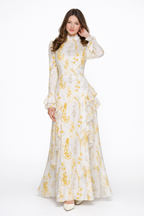 Marijke | Beige asimmetrico Maxi Jurk con stampa