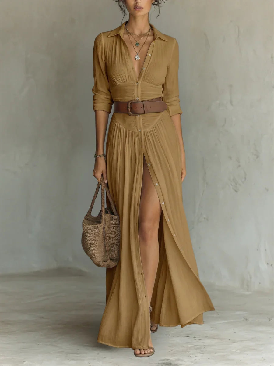Fiorenza | Abito Maxi con Collo Scollato e Maniche Lunghe