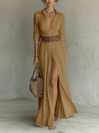 Fiorenza | Abito Maxi con Collo Scollato e Maniche Lunghe