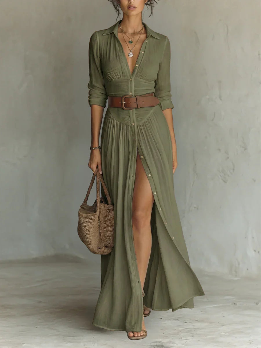 Fiorenza | Abito Maxi con Collo Scollato e Maniche Lunghe