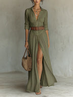Fiorenza | Abito Maxi con Collo Scollato e Maniche Lunghe