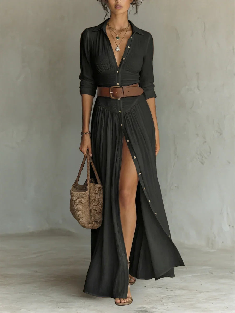 Fiorenza | Abito Maxi con Collo Scollato e Maniche Lunghe