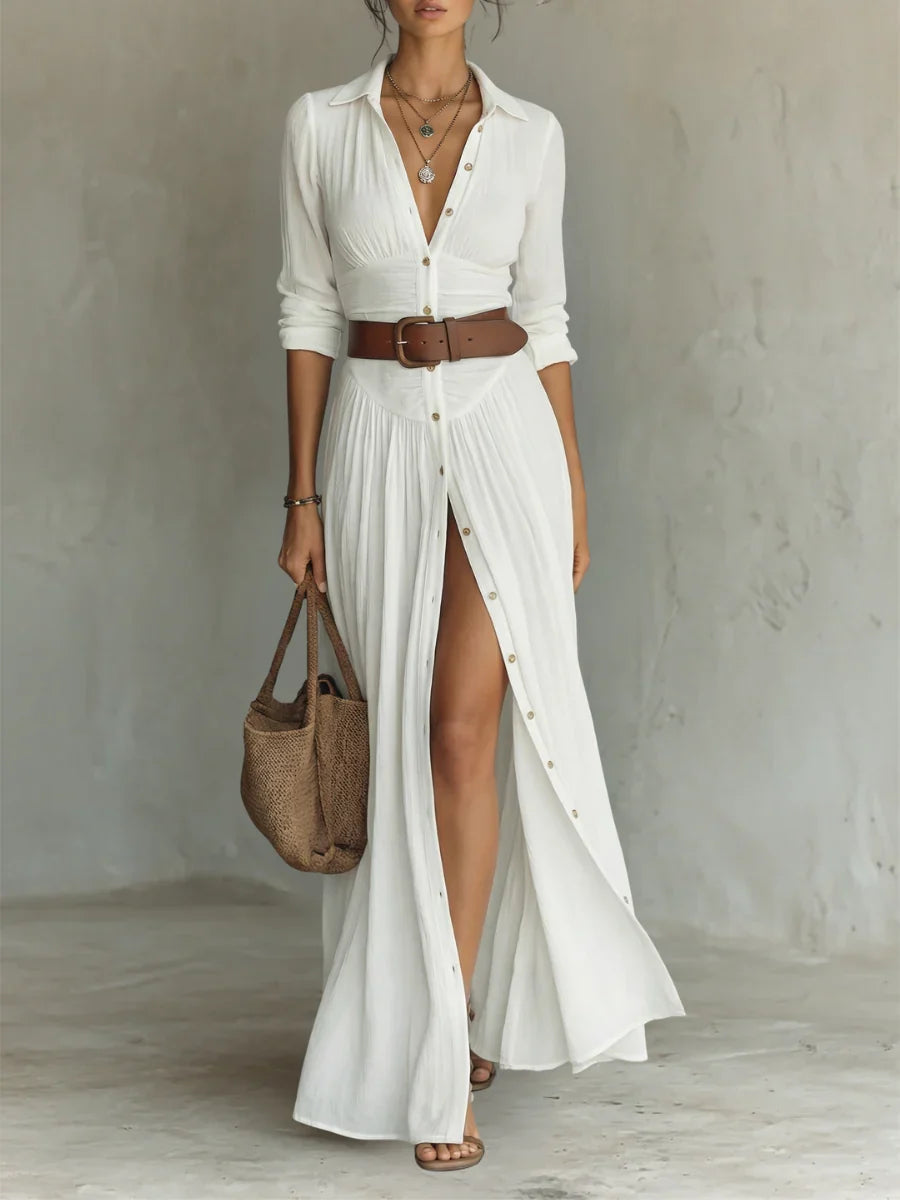 Fiorenza | Abito Maxi con Collo Scollato e Maniche Lunghe