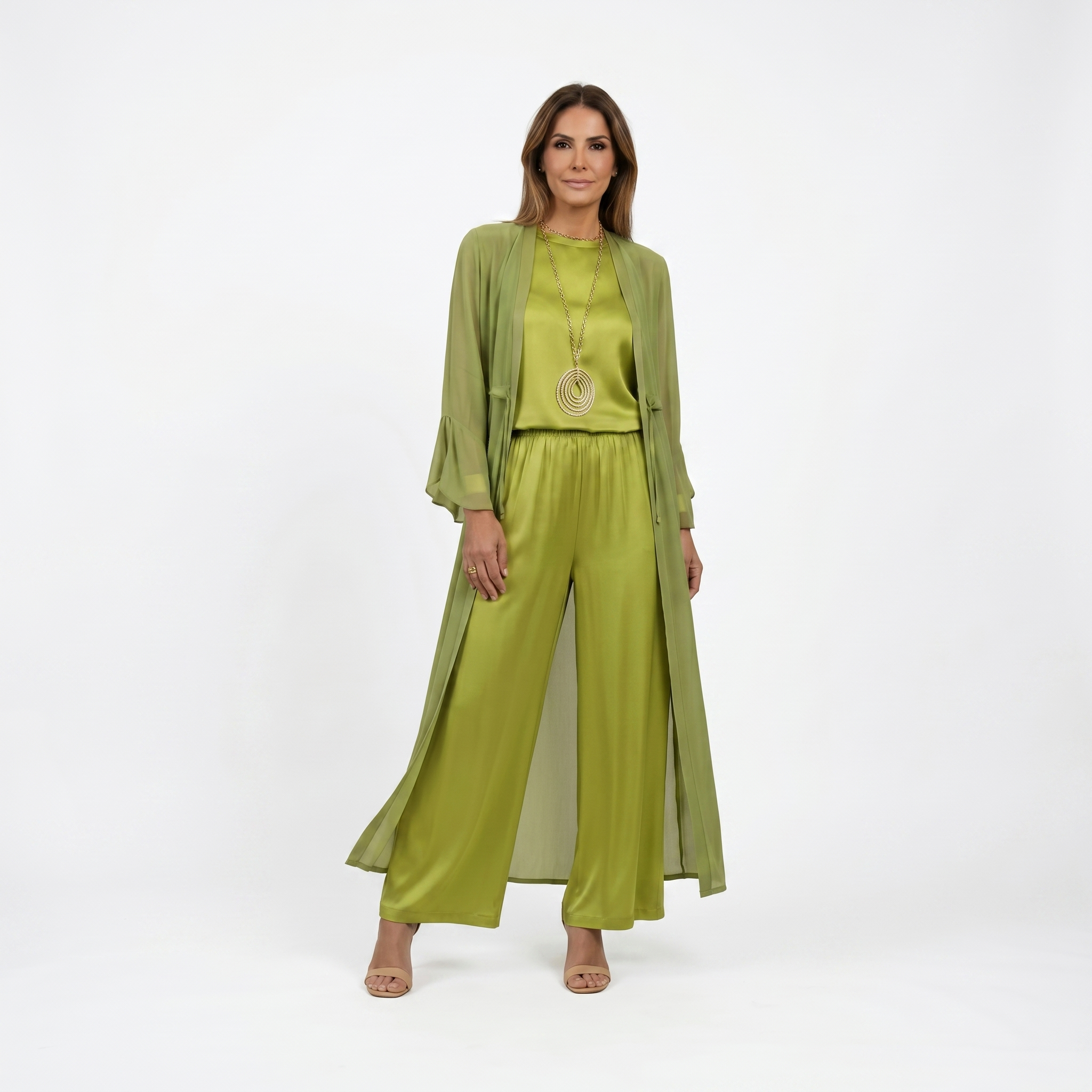 Elena | Satin-sæt i 3 dele con un cardigan - Eleganza e comfort
