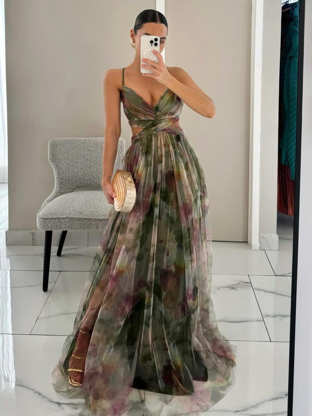 Karen | Abito Maxi Stampato Floreale con Collo a V