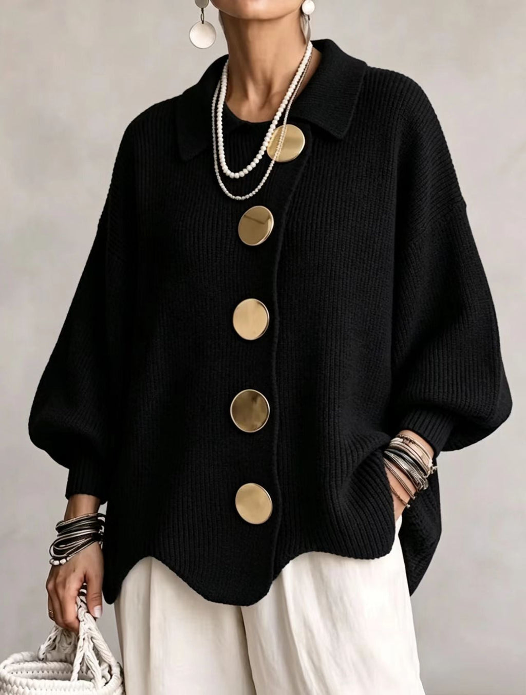 Isadora | Cardigan Oversize con Collo e Bottoni Metallici