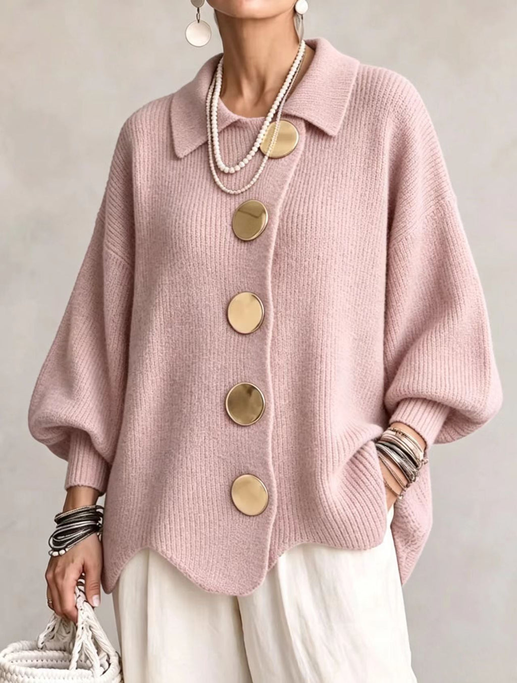 Isadora | Cardigan Oversize con Collo e Bottoni Metallici