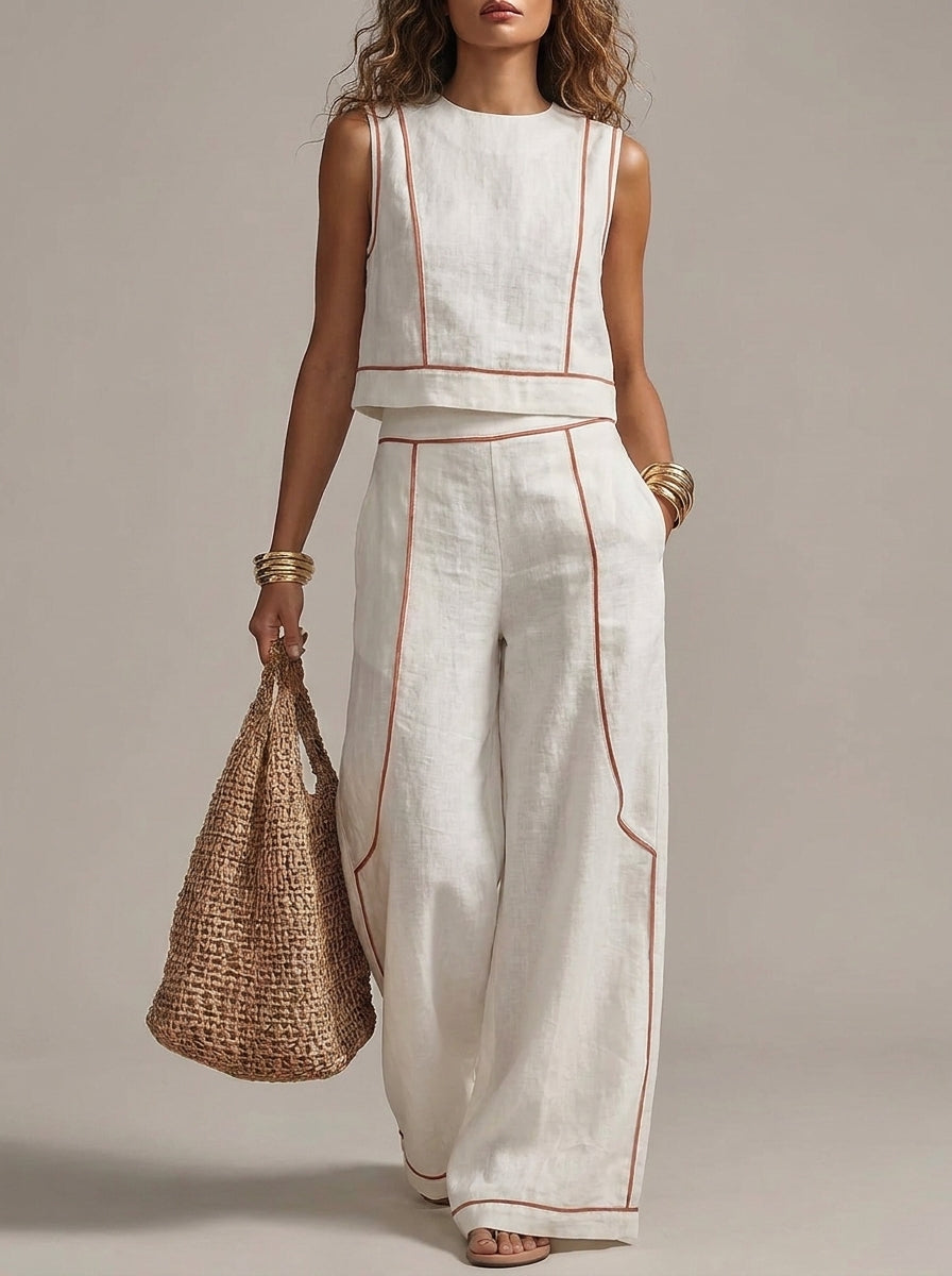 Vittoria | Completo Bianco con Top Senza Maniche e Pantaloni a Gamba Larga