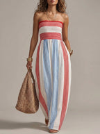 Alba | Abito maxi a righe rosse e blu con corpino smock senza spalline
