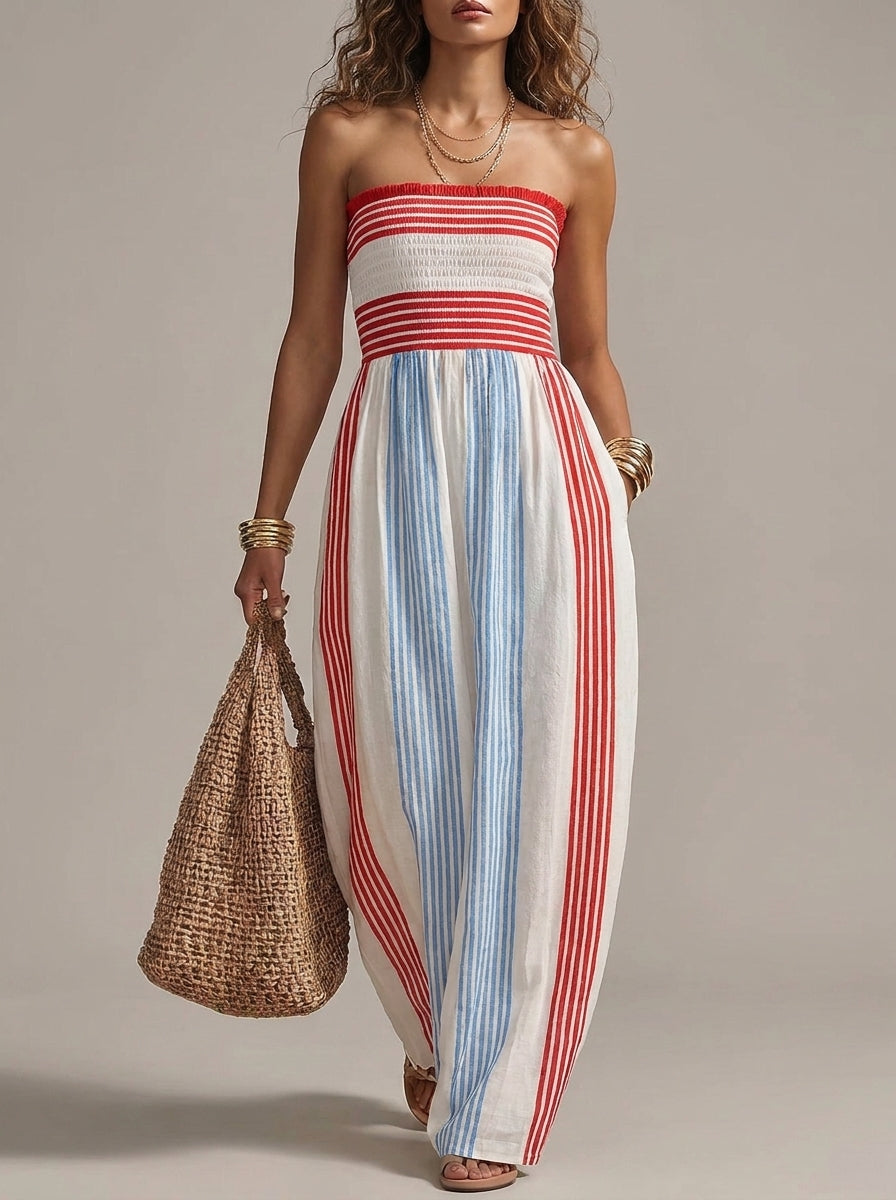 Alba | Abito maxi a righe rosse e blu con corpino smock senza spalline