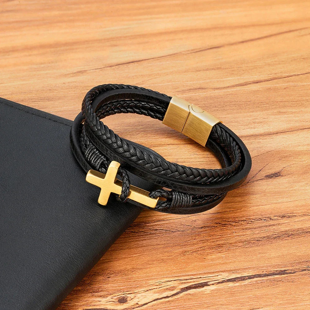 Heren Gevlochten Leren Kruisarmband