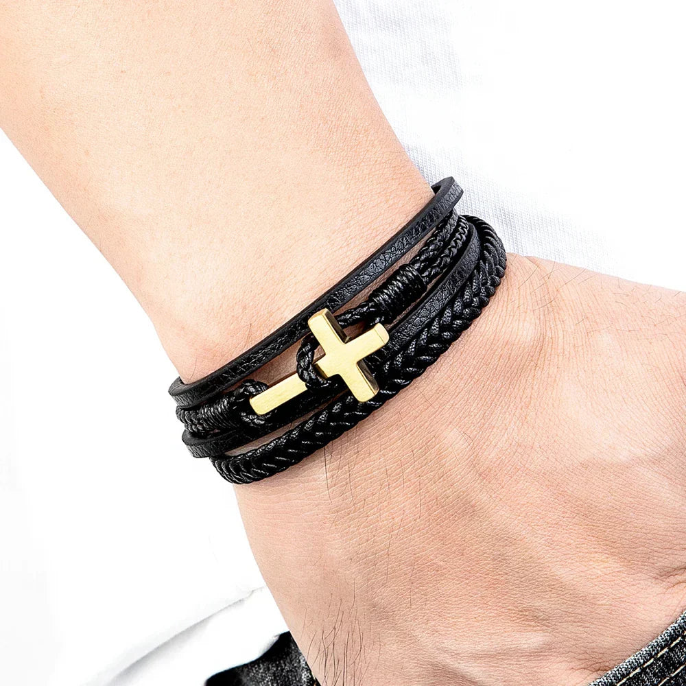 Heren Gevlochten Leren Kruisarmband