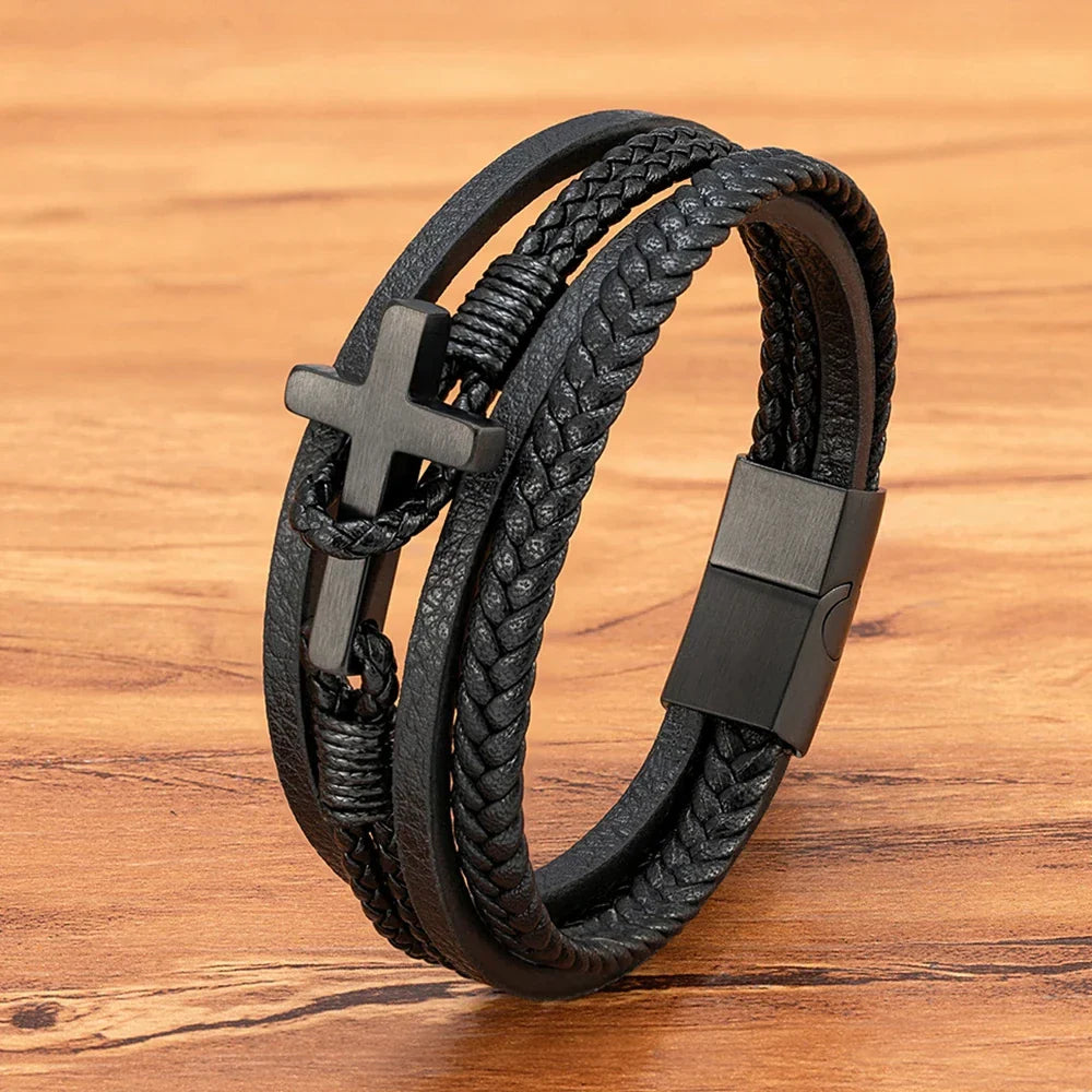 Heren Gevlochten Leren Kruisarmband