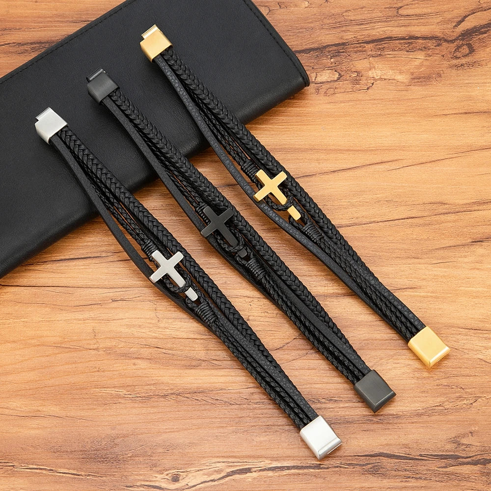 Heren Gevlochten Leren Kruisarmband