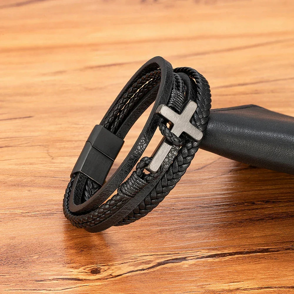 Heren Gevlochten Leren Kruisarmband