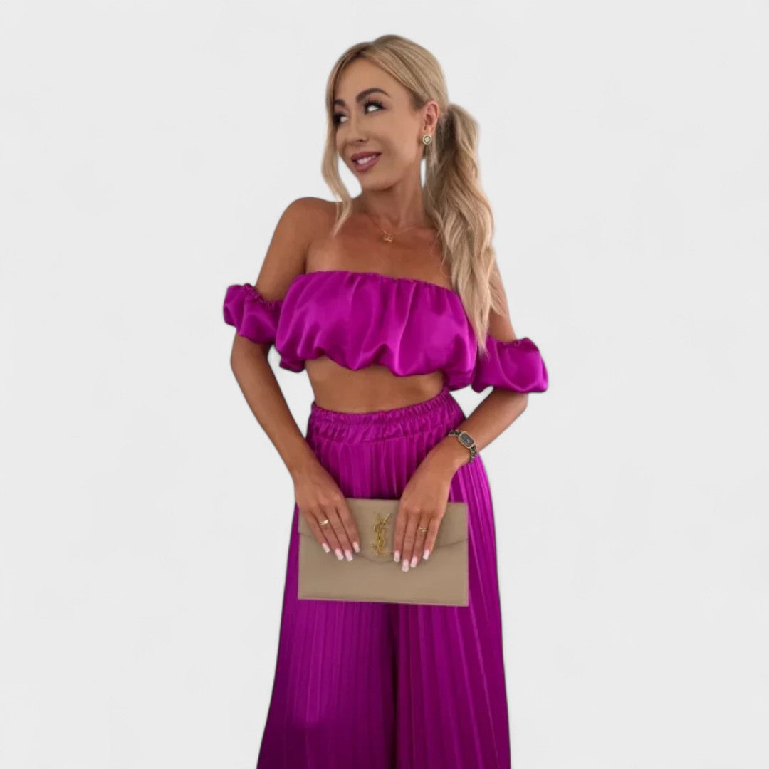 Maria - Damesæt Croppet Top con Plisserede Bukser elegante