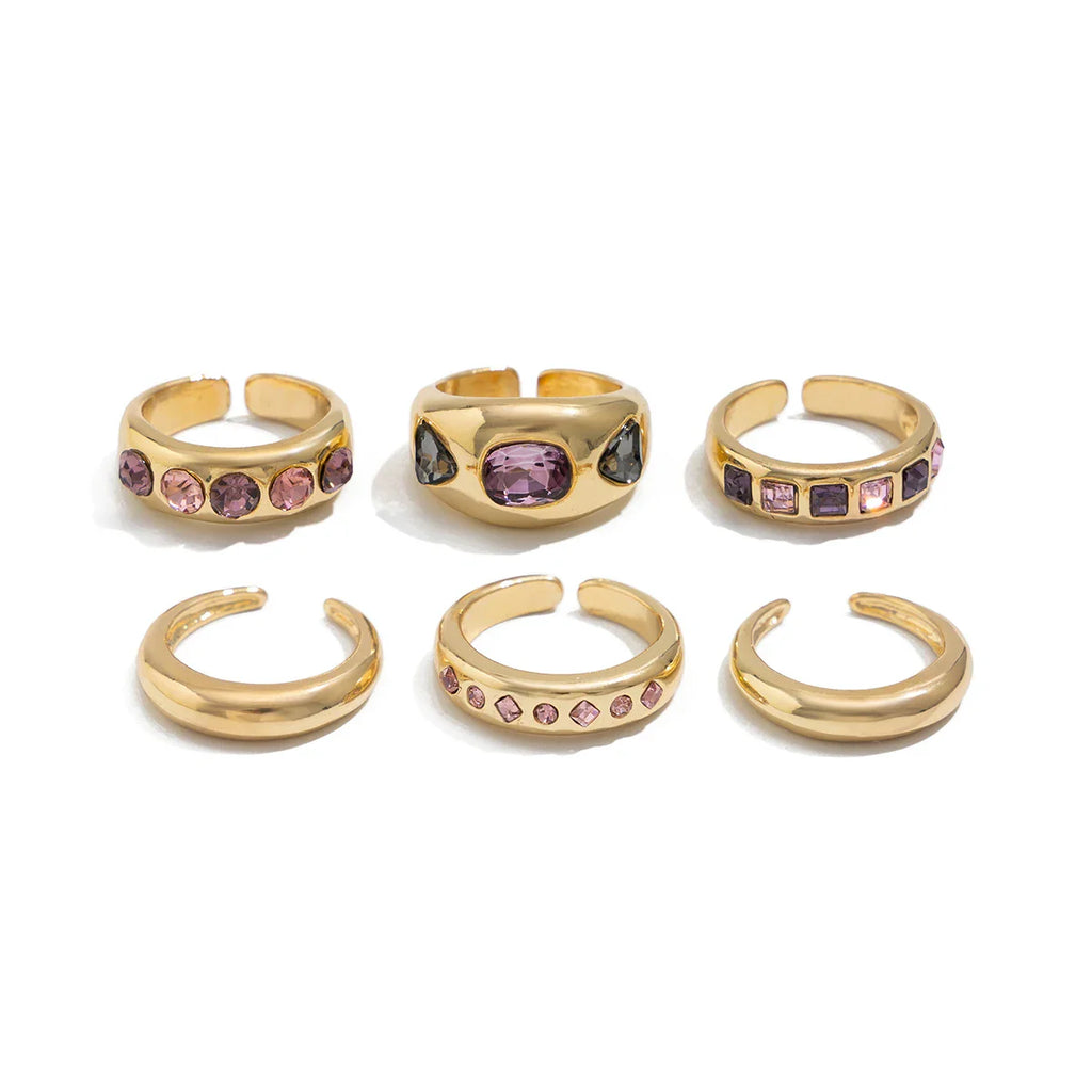 Set van 6 Goudkleurige Ringen met Paarse Zirkoon – Verstelbaar & Luxe Afwerking