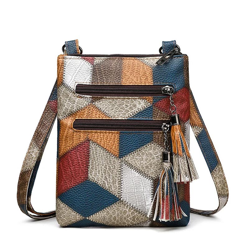 Borsa a Tracolla Colorina con Pompon – Motivo Geometrico Multicolore