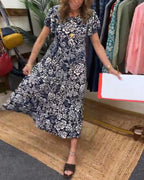 Sophie | Lange Jurk met Korte Mouwen en Bloemenprint